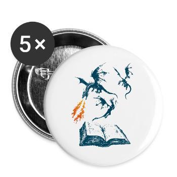 Buch Drachen Fantasy Lesen - Buttons groß 56 mm (5er Pack) - Weiß - Vorne