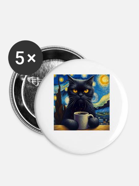 Schwarze Katze Starry Night - Buttons groß 56 mm (5er Pack) - Weiß