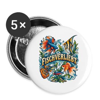Fischverliebt – Bunte Aquaristik Fische - Buttons groß 56 mm (5er Pack) - Weiß - Vorne