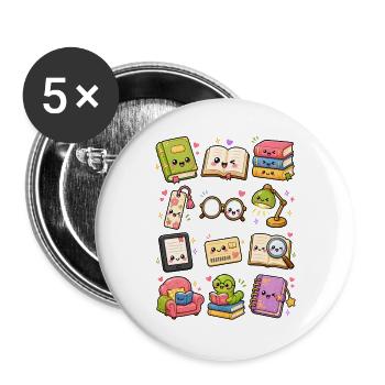 Kawaii Lesen | Bücher & Leseratten - Buttons groß 56 mm (5er Pack) - Weiß - Vorne