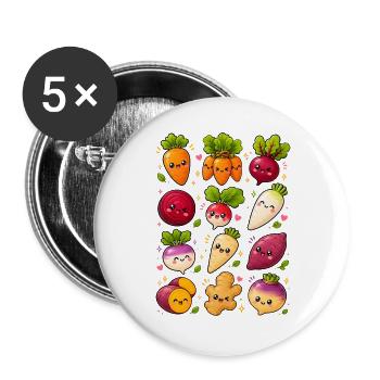 Kawaii Wurzelgemüse | Karotte & Rübe - Buttons groß 56 mm (5er Pack) - Weiß - Vorne