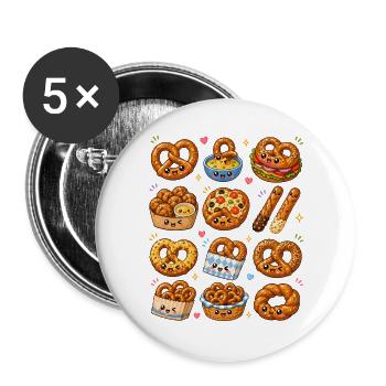 Kawaii Brezeln | Laugengebäck & Snack - Buttons groß 56 mm (5er Pack) - Weiß - Vorne
