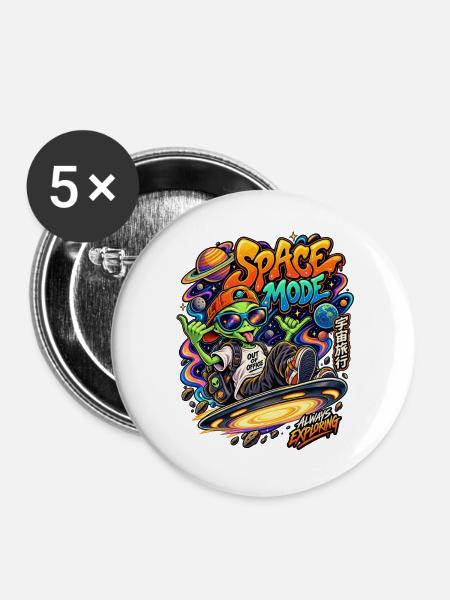 Space Mode Alien Surfing - Buttons groß 56 mm (5er Pack) - Weiß