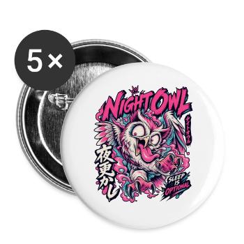 NachtEule Neon Punk Schlaflos - Buttons groß 56 mm (5er Pack) - Weiß - Vorne