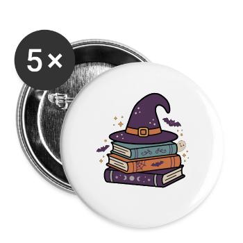 Hexenhut-Bücher Halloween-Schule - Buttons groß 56 mm (5er Pack) - Weiß - Vorne