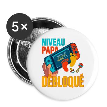 Papa-Level freigeschaltetes Geschenk für zukünftigen Vater - Buttons groß 56 mm (5er Pack) - Weiß - Vorne