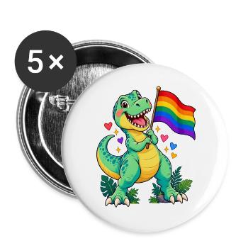T-Rex mit Regenbogenflagge – Pride Dino - Buttons groß 56 mm (5er Pack) - Weiß - Vorne