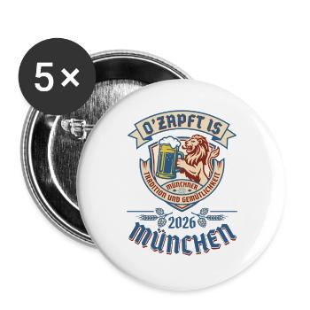 München 2026 - Oktober, Bier, Festzelt und Gaudi - Buttons groß 56 mm (5er Pack) - Weiß - Vorne