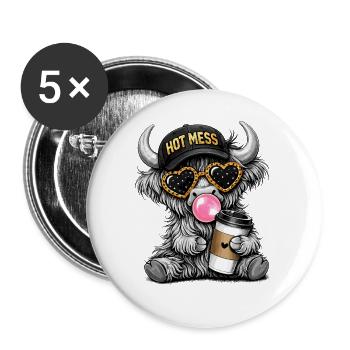 lustiges Hochlandrind mit Kaffee und Basecap - Buttons groß 56 mm (5er Pack) - Weiß - Vorne