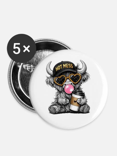 lustiges Hochlandrind mit Kaffee und Basecap - Buttons groß 56 mm (5er Pack) - Weiß