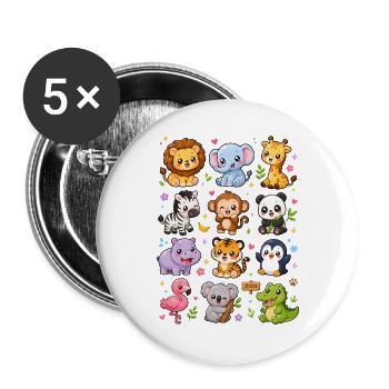 Kawaii Zootiere | Safari & Tierwelt - Buttons groß 56 mm (5er Pack) - Weiß - Vorne