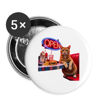 Neon-Diner Katze am Burger-Tisch - Buttons groß 56 mm (5er Pack) - Weiß - Vorne
