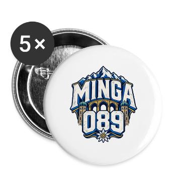 Minga 089 – München Alpen und Stadtsilhouette - Buttons groß 56 mm (5er Pack) - Weiß - Vorne