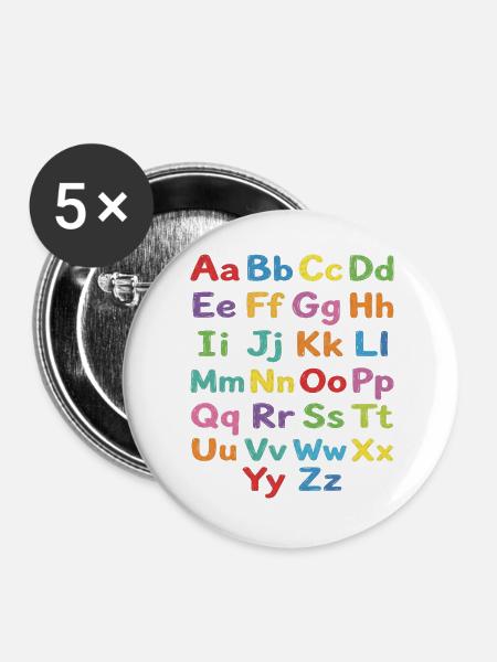 Kreidealphabet Bunte Buchstaben - Buttons groß 56 mm (5er Pack) - Weiß