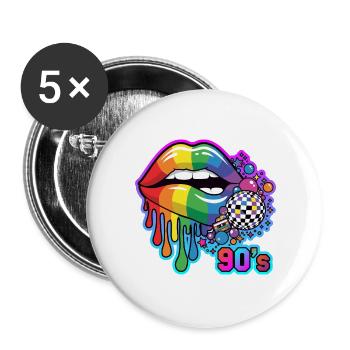 Regenbogenlippen 90er Disco - Buttons groß 56 mm (5er Pack) - Weiß - Vorne