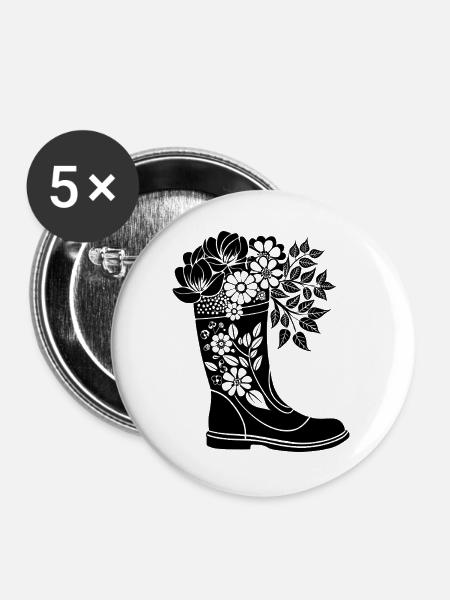Regenstiefel mit Blumen - Buttons groß 56 mm (5er Pack) - Weiß