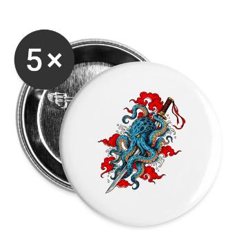 Samurai Krake Japanisches Tattoo Kunst - Buttons groß 56 mm (5er Pack) - Weiß - Vorne