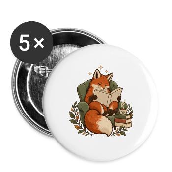 Lesender Fuchs im Sessel – Gemütliche Bücherliebe - Buttons groß 56 mm (5er Pack) - Weiß - Vorne