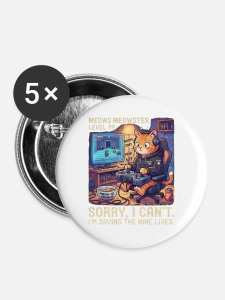 Meowster Level 99 Katzengamer - Buttons groß 56 mm (5er Pack) - Weiß