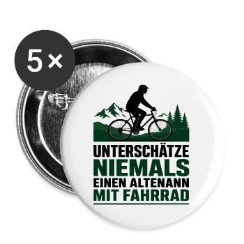 Altenmann auf Mountainbike im Wald - Buttons groß 56 mm (5er Pack) - Weiß - Vorne