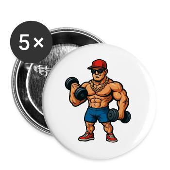 Bodybuilder Cartoon Muskelheld - Buttons groß 56 mm (5er Pack) - Weiß - Vorne
