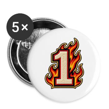 Zahl 1 im Flammen Patch-Look  - Buttons groß 56 mm (5er Pack) - Weiß - Vorne