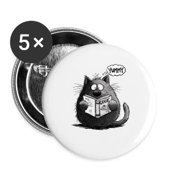 Lustige Katze mit Kochbuch I Katzenmotiv Katzen  - Buttons groß 56 mm (5er Pack) - Weiß - Vorne