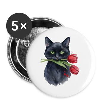 Cat Noir mit roter Tulpe - Buttons groß 56 mm (5er Pack) - Weiß - Vorne