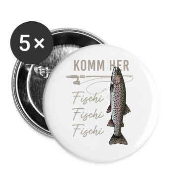 Komm her Fischi Angler Rute Forelle Wasser - Buttons groß 56 mm (5er Pack) - Weiß - Vorne