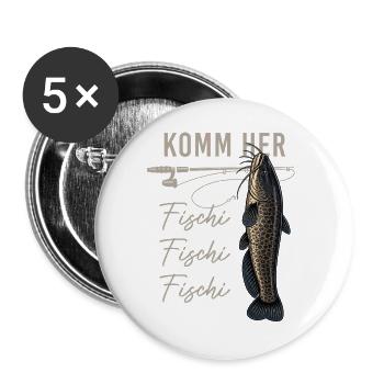 Komm her Fischi Angler Rute Wels Wasser - Buttons groß 56 mm (5er Pack) - Weiß - Vorne