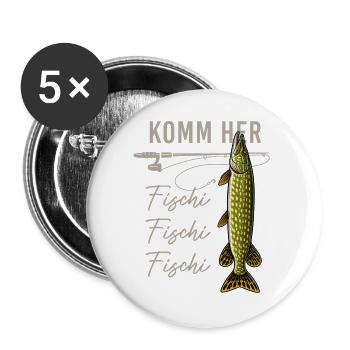 Komm her Fischi Angler Rute Hecht Wasser - Buttons groß 56 mm (5er Pack) - Weiß - Vorne