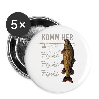 Komm her Fischi Angler Rute Karpfen Wasser - Buttons groß 56 mm (5er Pack) - Weiß - Vorne
