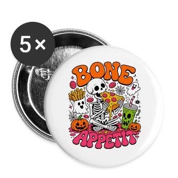 Bone Appetit lustiges Halloween-Skelett isst Pizza - Buttons groß 56 mm (5er Pack) - Weiß - Vorne