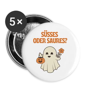 Süßes oder Saures – Geist mit Kürbis und Blume - Buttons groß 56 mm (5er Pack) - Weiß - Vorne