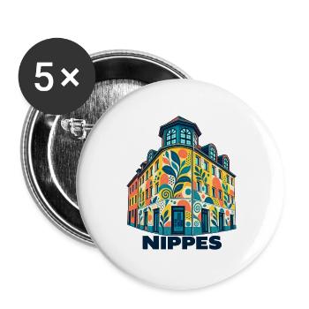 Nippes Eckhaus mit Schrift - Buttons groß 56 mm (5er Pack) - Weiß - Vorne