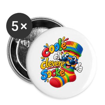 Bunte Clevere Socke Motiv - Buttons groß 56 mm (5er Pack) - Weiß - Vorne