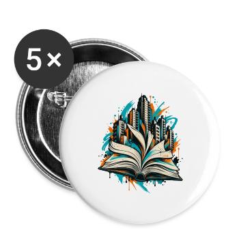 Bücherwelten – Skyline aus offenem Buch - Buttons groß 56 mm (5er Pack) - Weiß - Vorne