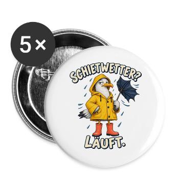 Schietwetter läuft Möwe im Regenmantel - Buttons groß 56 mm (5er Pack) - Weiß - Vorne
