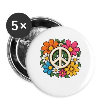 Peace Zeichen Blumen – Flower Power Hippie - Buttons groß 56 mm (5er Pack) - Weiß - Vorne
