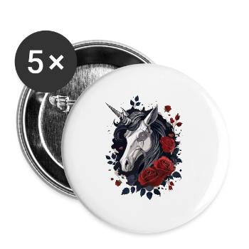 Dark Gothic Einhorn mit Rosen - Buttons groß 56 mm (5er Pack) - Weiß - Vorne
