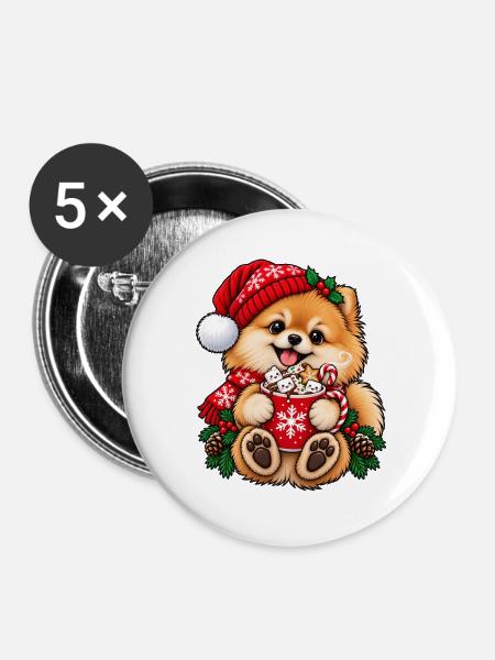Zwergspitz mit Wintermütze & heißem Kakao - Buttons groß 56 mm (5er Pack) - Weiß