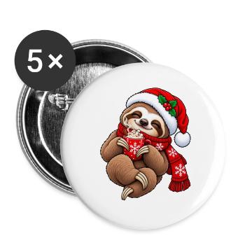 Süßes Faultier mit Weihnachtsmütze & Kakao - Buttons groß 56 mm (5er Pack) - Weiß - Vorne