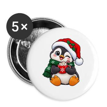 Süßer Pinguin mit Weihnachtsmütze & Kakao - Buttons groß 56 mm (5er Pack) - Weiß - Vorne