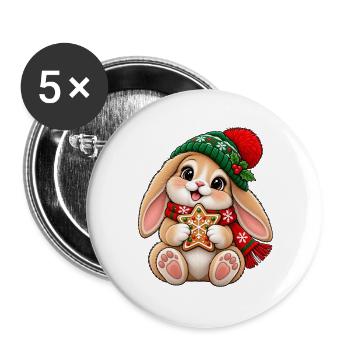Süßes Häschen mit Wintermütze & Lebkuchen - Buttons groß 56 mm (5er Pack) - Weiß - Vorne