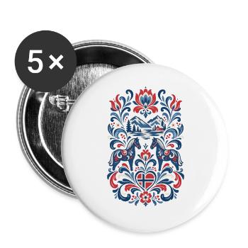 Norwegen | Fjord, Pferde & Volkskunst - Buttons groß 56 mm (5er Pack) - Weiß - Vorne