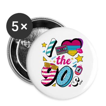 I Love the 90s Retro Nostalgie Party Spruch - Buttons groß 56 mm (5er Pack) - Weiß - Vorne