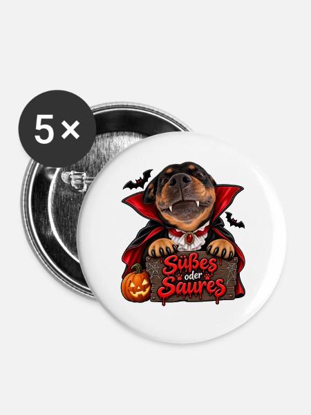 Süßes oder Saures Hundevampir - Buttons groß 56 mm (5er Pack) - Weiß