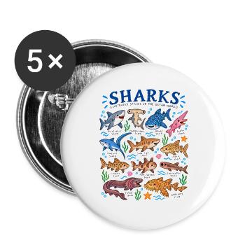 Haie Arten Lexikon Meeresbiologie Hai Illustration - Buttons groß 56 mm (5er Pack) - Weiß - Vorne