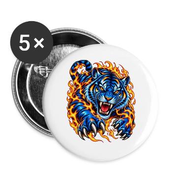 Blauer Tiger in Flammen - Buttons groß 56 mm (5er Pack) - Weiß - Vorne