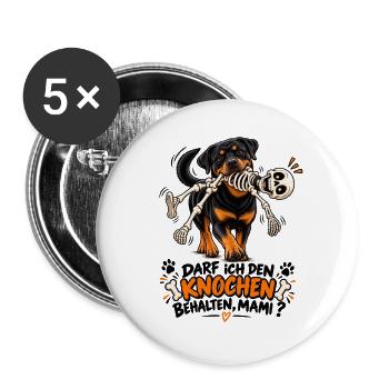 Hund mit Knochen-Skelett Comedy - Buttons groß 56 mm (5er Pack) - Weiß - Vorne